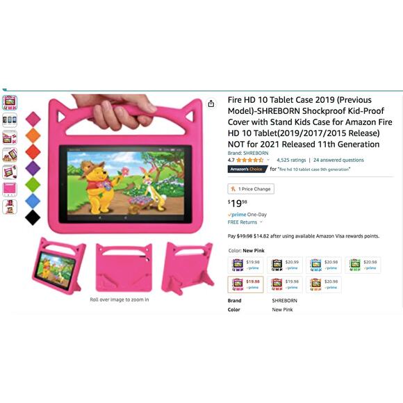 Shreborn Fire HD 10 Pink Cat Ear Tablet Carrying Case Kid Proof 11 Generation - Picture 12 of 13